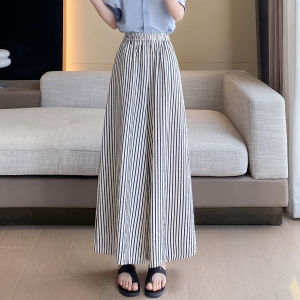 กางเกงขายาวทรงหลวมเอวสูงลายทางย้อนยุคสำหรับฤดูร้อน กางเกงขายาวทรงสลิมฟิตสำหรับผู้หญิง กางเกงขายาวทรงเอวสูงแบบบาง ทรงลำลอง สไตล์ญี่ปุ่น