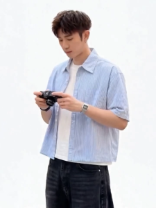 MaleVogue Box Fit Polo for Men Crop Top stripe cotton short-sleeved Korean style shirt