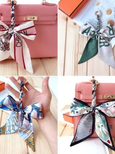 Handwoven Silk Scarf Pendant Butterfly Knot Handbag Decoration Alloy Spring Ring Color Retention Diagonal Satin Fabric