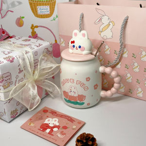 Cute Rabbit Ceramic Mugs with Lid Spoon Water Drinking Cup Birthday Gift for Girlfriend Best Friend Student Dormitory