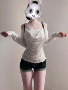 Unique Shoulder Bared Design T Shirt Elegant Simple Style Long Sleeve Womens Top Fashionable for Autumn Season