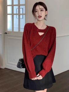 Red Knitted V-Neck Hollow out Sweater Womens Spring Autumn Loose Lazy Style Top Small Size Outerwear Comfortable Warmth