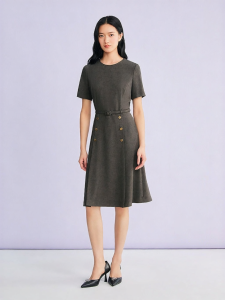 Spring New Fashion Elegant Round Neck Waist Belt Flared Dress