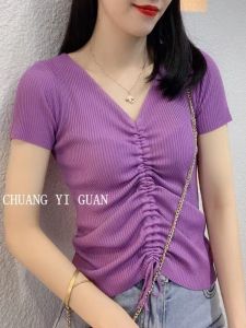 Slim Fit Short Sleeve V-Neck Ice Silk Knitted T-Shirt Womens Fashionable Trendy Top Korean Style Commute Cotton Blend