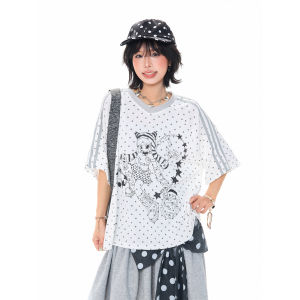 MKGO | Cartoon Print Polka Dot V-Neck T-Shirt