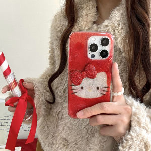 Cartoon Glitter Diamond Bowknot Hello Kitty Phone Case Compatible for iPhone 16 15 14 13 Pro Max Hard IMD Shock Resistant Cover Casing