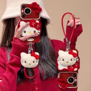 Huawei Pura70Pro Mate60Pro+ Nova12 Red Leather Cat Toy Lanyard Full Cover Anti-Fall Phone Case with Large View Window for Women New Year
