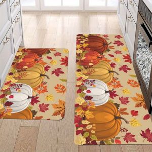 VIKAMA Thanksgiving Carpet Pumpkin Maple Leaf Carpet Kitchen Rug Long Carpet Doormat Living Room Bedroom Sofa Soft Floor Mat