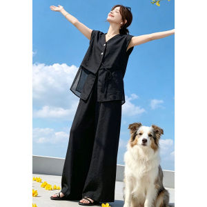 Shalldoer | Bộ Đồ Phong Cách Pháp MATURE 2 Mảnh Đen Kết Hợp Ren Cổ V Áo Dài Quần Suông