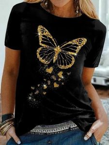 Golden Butterfly Print Women T Shirt Short Sleeve O Neck Ladies Shirt Tops Clothes Mujer Top Harajuku Sleeve Aesthetic Clothes