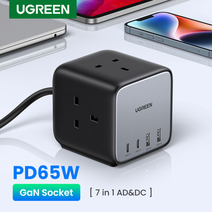 UGREEN GaN Power Socket, DigiNest Pro 65W USB C Charging Station, 7-in-1 Power Strip with 3 AC Outlets, 2 USB-A Ports, 2 USB-C Ports, Extension Cord Outlet Extender, PD Fast Charging for MacBook Pro, Home, Office
