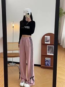 Senior Quần Thể Thao Nơ Bướm Nữ 2024 Quần ỐNg RộNg Ống Đứng Cạp Cao Mẫu Mới Thu Đông Quần Thể Thao Rộng Rãi Kiểu Mỹ