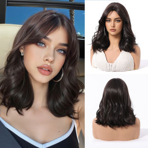 EASIHAIR | Short Wavy Wigs Black Brown Wig Shoulder Length Wave Synthetic Hair With Medium Part Bangs Daily Party for Women Heat Resistant