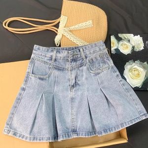Váy Ngắn Chữ a Denim Xếp Ly Cạp Cao Cho Nữ Mùa Hè Dáng Rộng Màu Trơn Váy Midi Đa Năng Cỡ Lớn
