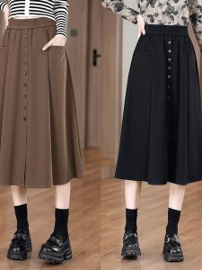 Womens Pocketed A-Line Skirt Elastic Waist Loose Fit Slimming Midi Length Casual Spring Autumn Fashionable High Waist