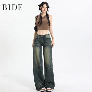 Retro American Low Waist Wide Leg Denim Jeans Women High Street Design Embroidery Loose Slim Straight Floor-Length Pants