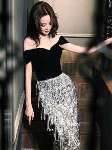 Shiny Sequin One Shoulder Graduation Dress Womens Fashion Evening Gown Long Tail Fish Style Short Sleeve Luxury Sensation