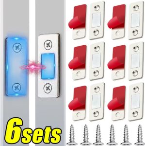 6Sets Stainless Steel Invisible Door Magnet Punch-free Ultra-thin Door Lock Sliding Multi-uses Door Cupboard Wardrobe Drawer Door Stopper Set Closures Furniture Fittings
