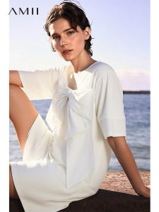 AMII | Round Neck Bow Decoration Cocoon T-Shirt Dress Mixed Fabric