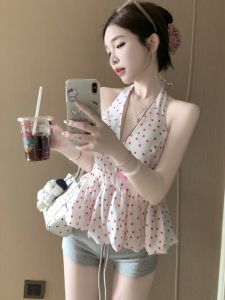GUZILIAN | French Sweet And Spicy Girl Vacation Style Slim Fit Flower Bud Top Women Summer Backless Thin Hanging Neck Strap Vest