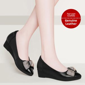 Leather Wedge Single Shoes for Women Comfortable Soft Bottom Soft Leather Spring Summer Black Moms Little Shoes Fashionable Design