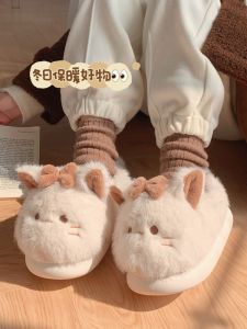 Warm Furry Slippers Womens Winter Home Bedroom Soft Bottom Cotton Slippers Full Wrap Heel Anti-Slip Cute Little Cat Design
