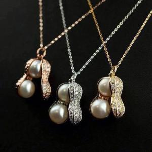 Multi-Color Plated Peanut Shaped Pearl Pendant Necklace For Women - Zircon Inlaid Cute Nut Design Chain Jewelry