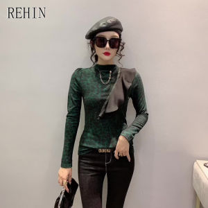 REHIN Womens top Winter new heavy ironing drill ruffle stitching Slim long sleeve T-shirt thin leopard print round neck elegant blouse