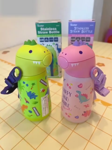 Skater 3D Stainless Steel Thermos Straw Water Bottle 370ml For Cold Drinks Dinosaur SSH4D Kids Boys Girls Direct From Japan Includes Shoulder Strap and Straw