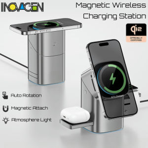 INOVAGEN New Gen Qi2 Touch Rotary Magnetic Desk Charging Stand For Phone 12 13 14 15 16 ProMax Series 15W Wireless Charging Station