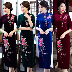 เรียบหรู ยาวกํามะหยี่ Qipao เดรส สําหรับแม่ ฤดูใบไม้ร่วง ฤดูหนาว พลัสไซส์ คุณภาพสูงสไตล์จีน สำหรับงานกลางคืน ชุดราตรี บรรยากาศวินเทจ