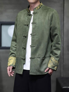 Autumn Winter Mens Loose Fit Deer Skin Velvet Jacket Embroidered Thickened Chinese Style Outerwear Large Size Trendy Coat