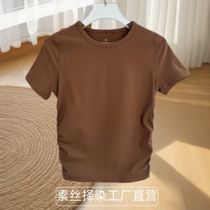 Womens Yoga Sportswear Short Sleeve Fitness Running Pilates Tight Waist Slimming Breathable Moisture Wicking Elastic T-Shirt