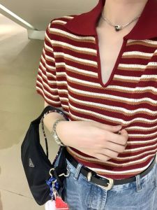 HUOLISI | Red Striped V-Neck Stylish Summer Womens T-Shirt