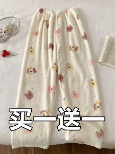 กางเกงนอนขนแกะสีแดงลายทางสำหรับผู้หญิง กางเกงขายาวหนา อบอุ่น ใส่ในบ้าน ฤดูใบไม้ร่วง/ฤดูหนาว กางเกงขายาวลำลอง