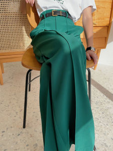 Slim Straight High Waist Drapey Wide Leg Suit Pants for Women in Dark Green Casual Floor Length Trousers Commute Style Polyester Fiber