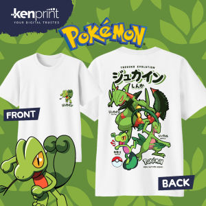 Bandai | Anime Pokémon Treecko Evolution Printed Cotton T-shirt Summer Mens and Womens Harajuku Clothing Fashion Casual Street T-shirt