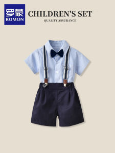 Romon Boys Little Suit Set Baby Birthday Host Speech Dress Summer Performance Clothes Cotton Polyester Blend Stripe Pattern
