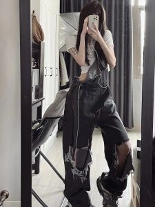Rách Denim Quần Yếm Phong Cách Cổ Điển Mỹ Cao Vòng Eo Ống Rộng Quần Phong Cách Đường Phố Gợi Cảm Nữ Thời Trang Mùa Hè Hàng Mới Về