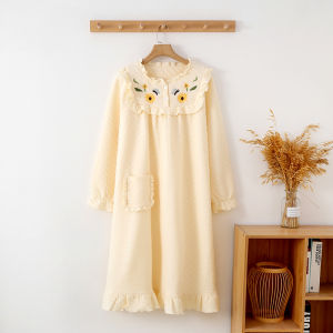 Pure Cotton Long Sleeve Sleepwear Womens Warm Bathrobe Autumn Winter Home Clothes Three-Layer Cotton Air Knitted Nightgown