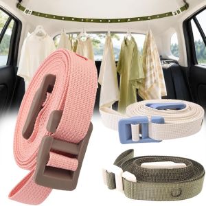 Portable Retractable Clothesline / Adjustable Woven Nylon Strap / Windproof Laundry Rope with Hanging Points / For Travel Camping Balcony Drying Use