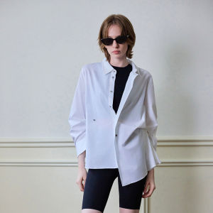 Fashionable Asymmetric Pleated White Shirt MSLAN Commute Style Loose Fit Cotton Polyester Blend Long Sleeve Doll Collar Shirt