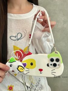 Cute Cartoon Cat Charm Bracelet Phone Case Soft Shell Chain for iPhone 16/15 Compatible with Apple 14/13 pro Max Ins Style Leather