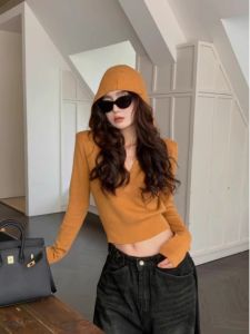 HUOLISI | Hooded V-Neck Knit Sweater