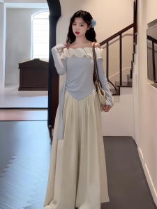 Elegant Lace Trim Belted Slim Fit One Shoulder Top Wide Leg Pants Set Womens Fashion Spring Summer New Arrivals Cotton Long Sleeve round Neck