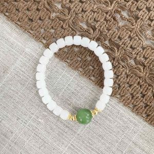 Russian White Nephrite Bracelet accented with Green Hetian Jade 俄白碧玉手串7mm