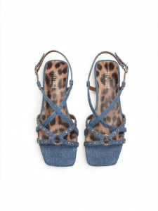 Joy & Peace | Elegant Denim Blue Leopard Print Rivet Thin Strap Flat Roman Sandals