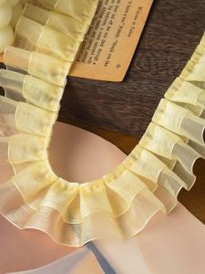 ผ้าชีฟองลายลูกไม้สองชั้นกว้าง 4 ซม. สีเหลือง ขอบลูกไม้ ขอบใบไม้ ผ้าพับ ผ้าพัดสำหรับสนับสนุนงานฝีมือ DIY