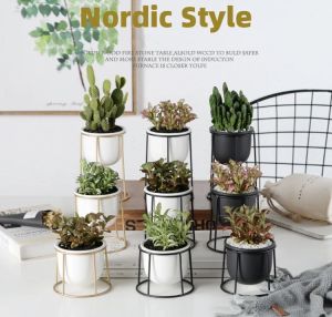 Nordic ceramic  flower pot plant/  decorative flower pot metal frame vertical ceramic mini succulent flower pot