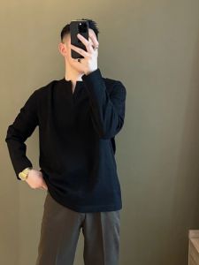 เสื้อยืดแขนยาวผู้ชาย ฤดูใบไม้ผลิและฤดูใบไม้ร่วง สไตล์ใหม่ ทรงหลวมๆ สไตล์ฮันนี่คอตั้ง สีสันสดใส ลำลอง เสื้อตัวบน